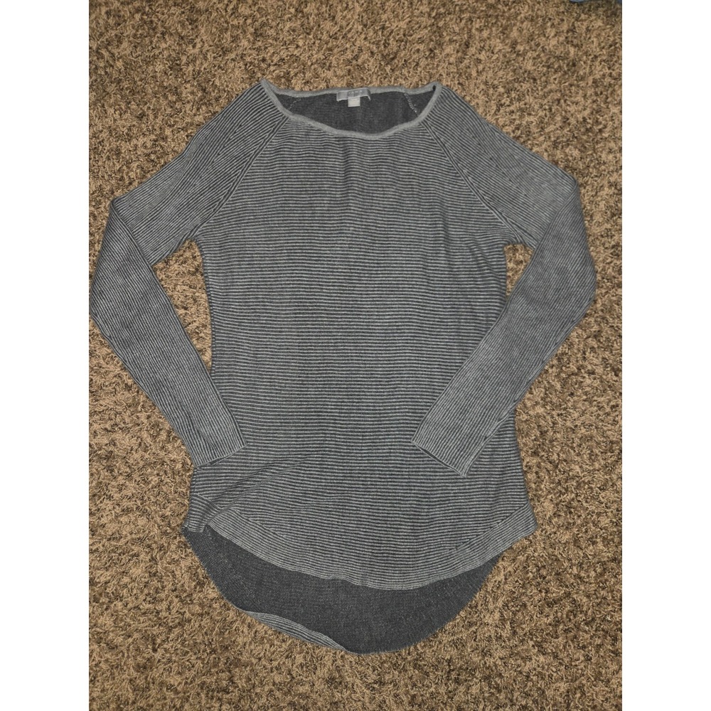 Jana Grey Striped Knit Top Long Sleeve Boat Neck High Low Hem Sweater Womens M